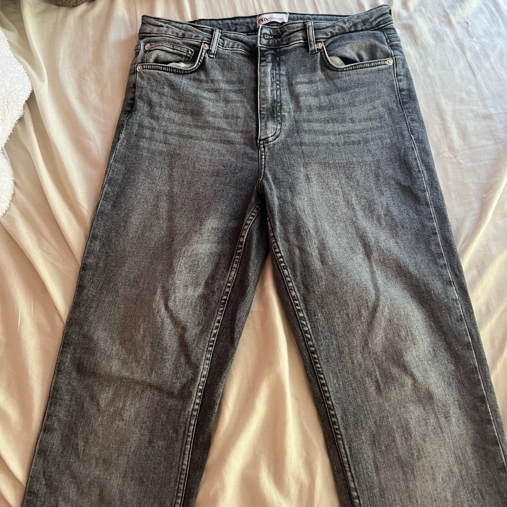 ZARA Black Straight Leg Jeans with cut bottoms